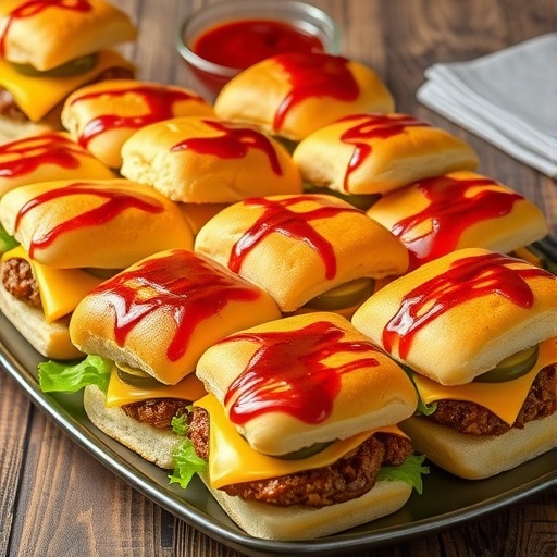 Juicy Beef Sliders with Tangy Sauce A delicious platter of beef sliders topped with cheese and fresh toppings, served on a rustic table.